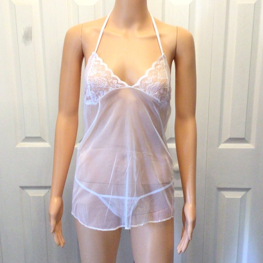 NWOT 2pc White Mesh & Lace Lingerie Lightweight Chemise & Thong Panty Set Small